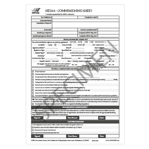 An image of HETAS commissioning sheets