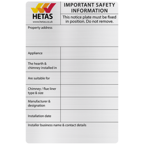HETAS branded notice plates